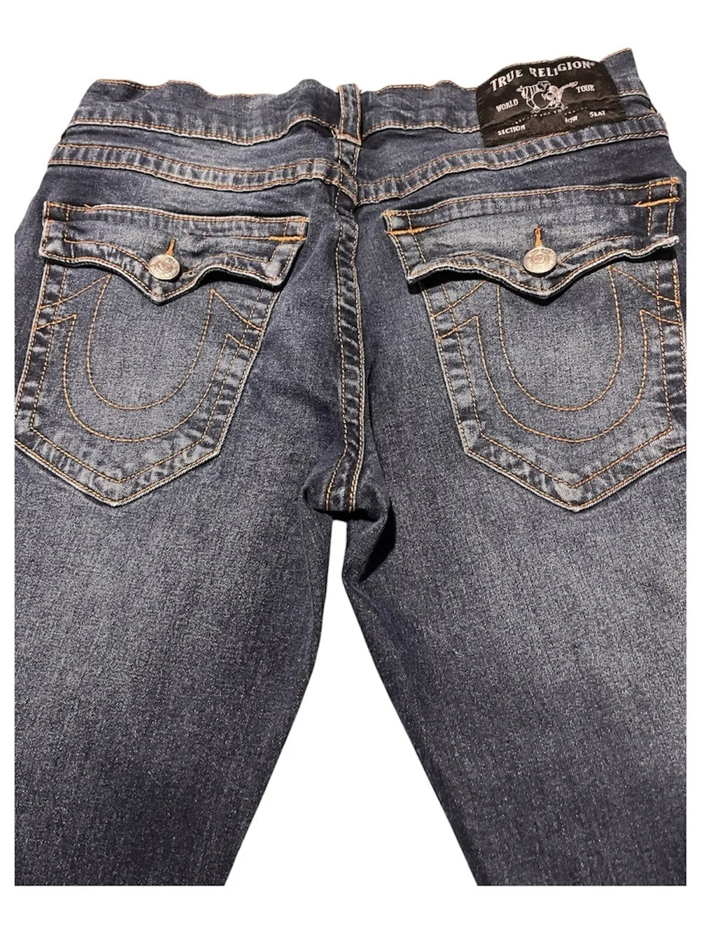 True Religion men’s Straight Leg Jeans in Dark Blue with Faded Detail